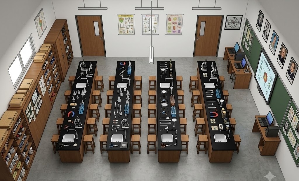 CBSE Composite Science Laboratory 3D Realistic Architectural Layout (600 sq ft, 8 sinks, 40 stools)