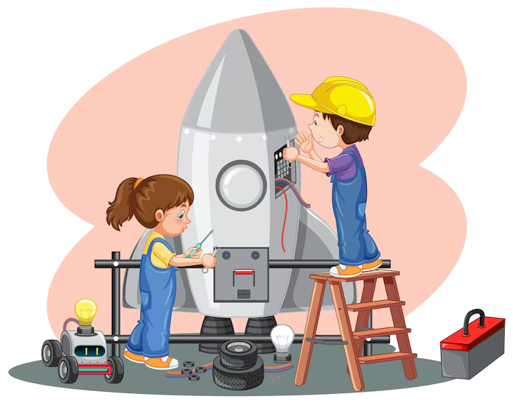 Young student makers building a rocket in Prayogi Makerspace